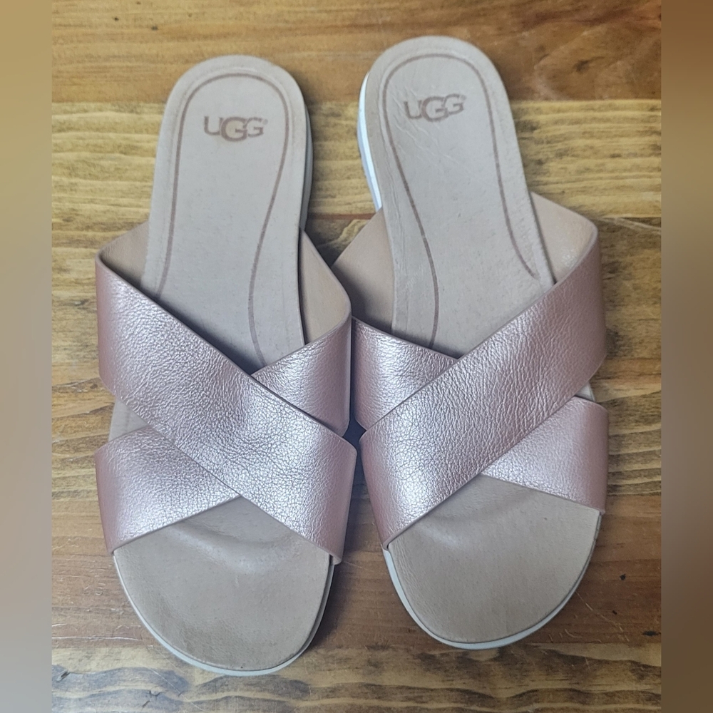UGG Women's Tan Leather Cross-Band Slide Sandals Size 10